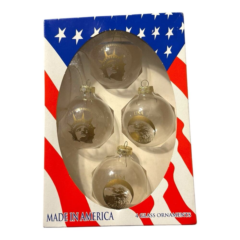 Box of 4 Vintage Rauch Glass Christmas Ornaments Stencil Eagle Liberty USA RARE